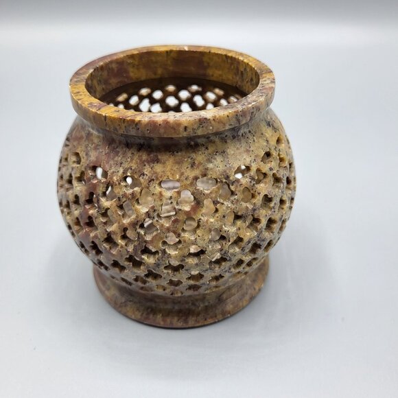 Vintage Decorative Brown Soapstone Stone Carved Candle Holder - Picture 8 of 9